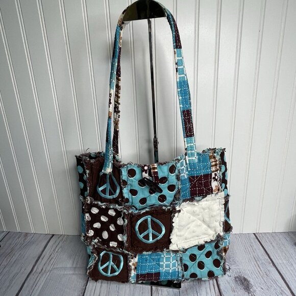 Quilted Peace Sign Tote Shoulder Bag Hippie Boho Festival - Picture 1 of 12